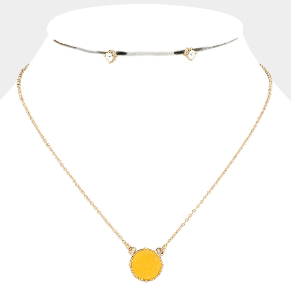 Yellow Round Pendant Necklace Druzy Charm Gold Jewelry Stone Statement Chain Set